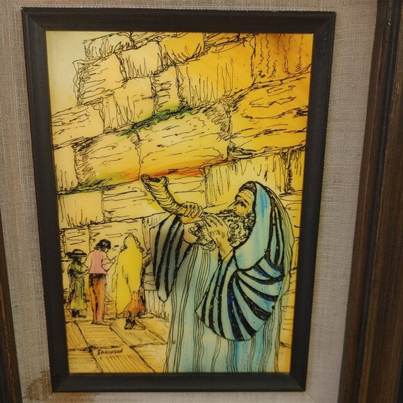 Vintage Mexican Reverse Glass Painting Rabbi Blowing Shofar In Wooden Frame - Picture 2 of 13